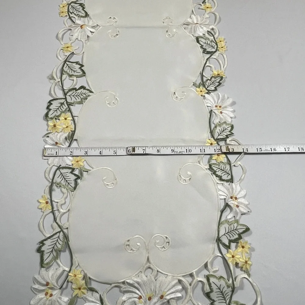 WMG Table Runner Home 57x14 White Yellow Green Embroidered Daisy Floral Lace
